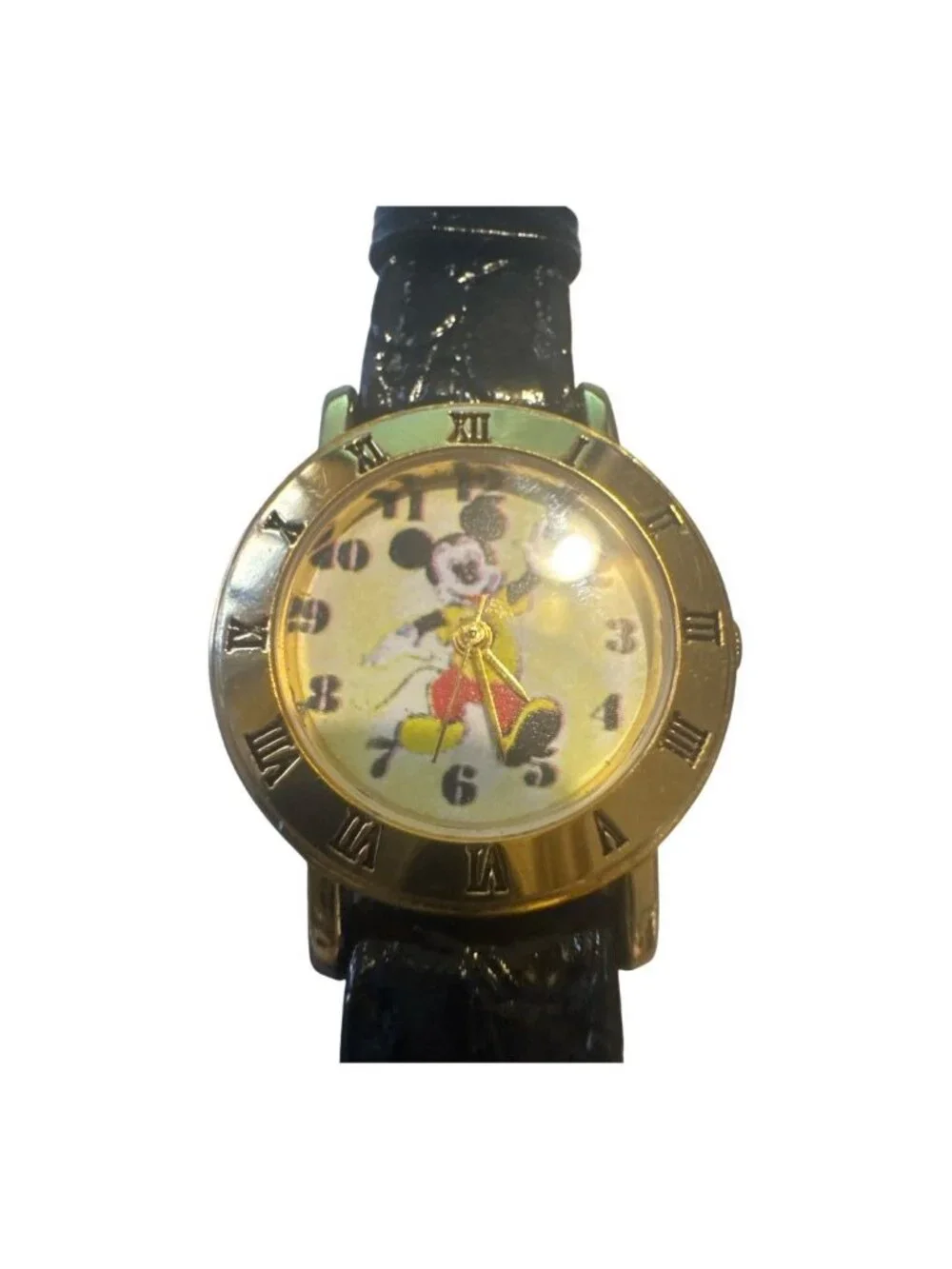 Vintage Mickey Mouse Watch With Roman Numerals & Black Leather Band Gold-Tone Ca